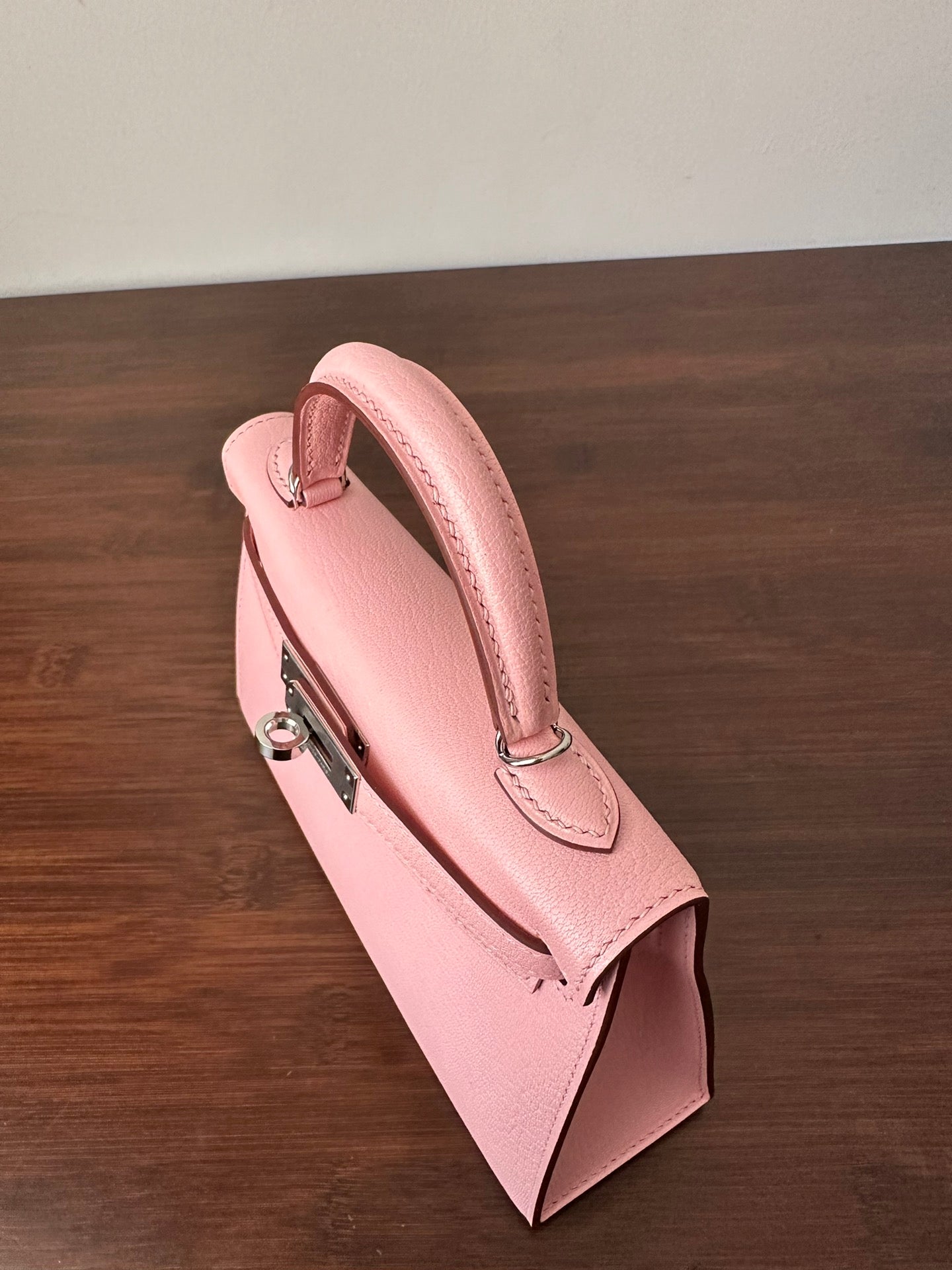 HERMES KELLY MINI 19 PINK CHEVRE SILVER HARDWARE