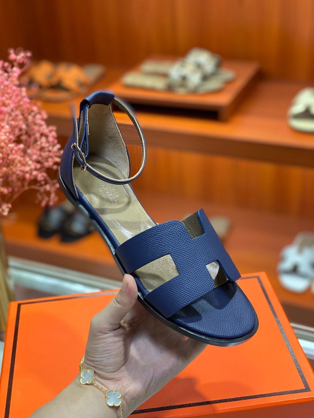HERMES SANTORINI SANDAL NAVY CALFSKIN