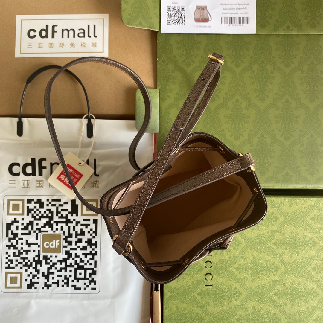 GUCCI OPHIDIA MINI BUCKET BAG 18 WITH WEB IN BEIGE EBONY CANVAS MIX BROWN CALFSKIN