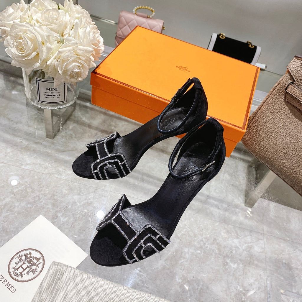 HERMES PREMIERE 90 SANDAL IN BLACK SUEDE WITH RHINSTONES