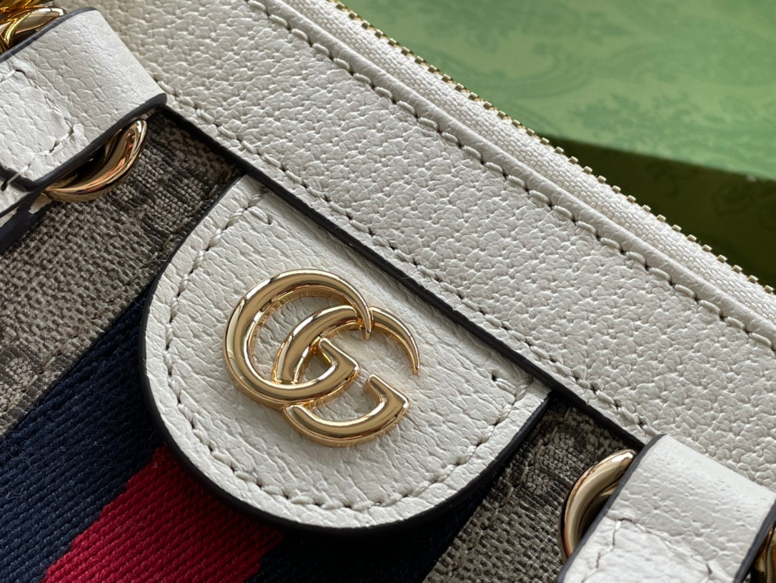 GUCCI OPHIDIA 24 TOTE IN BEIGE CANVAS AND WHITE CALFSKIN