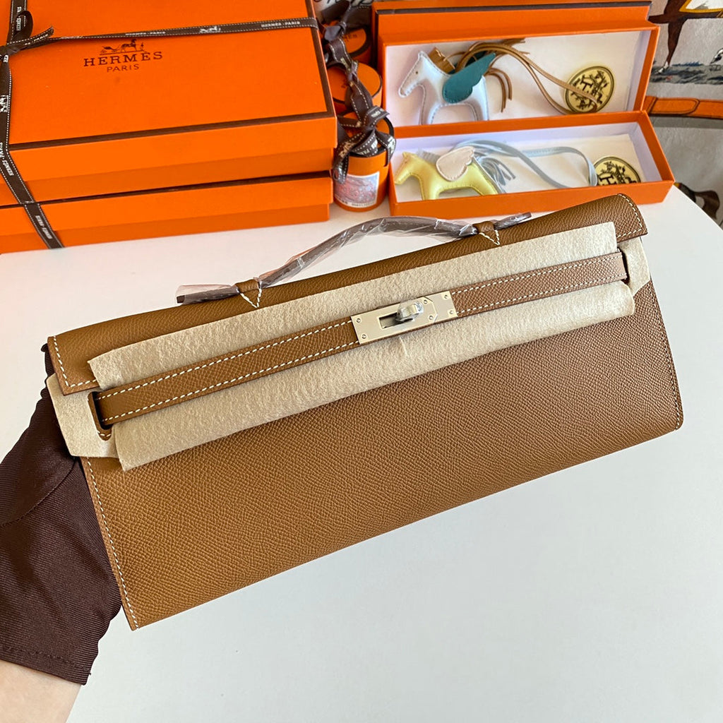 HERMES KELLY CUT 31 IN BRONZE BROWN CALFSKIN WITH SILVER HARDWARE