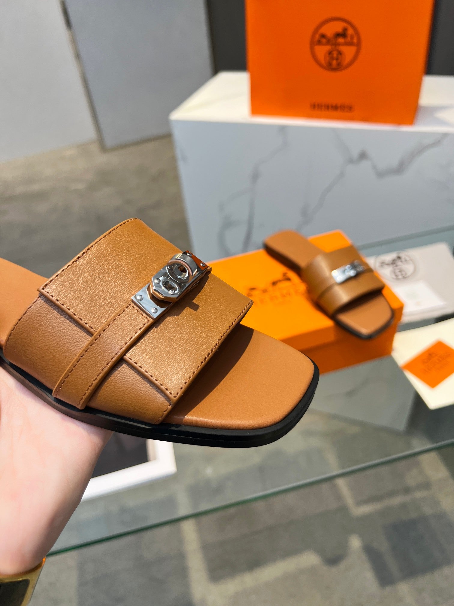 HERMES Giulia Sandal Tan Calfskin