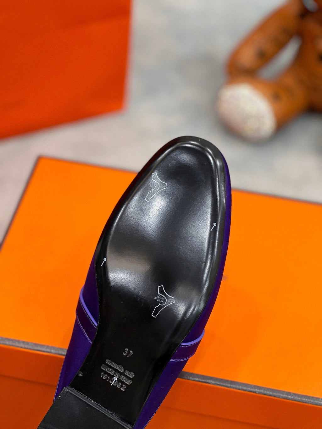 HERMES 0Z Mule Violet Silk Thick Cloth/Sheepskin