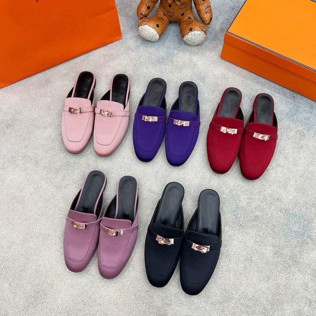 HERMES 0Z Mule Purple Silk Thick Cloth/Sheepskin