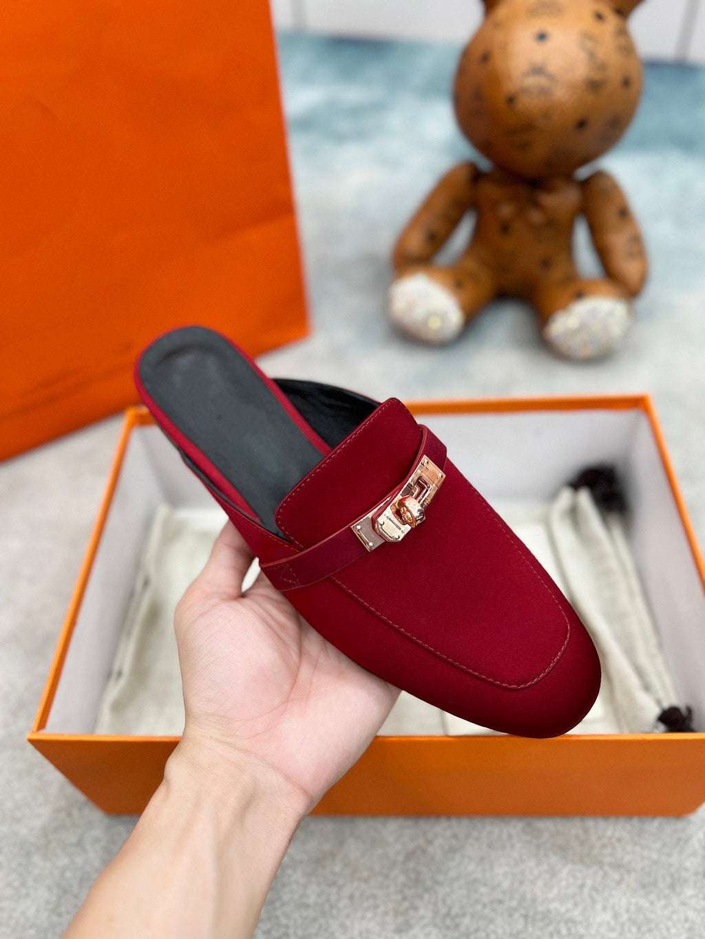 HERMES 0Z Mule Cherry Silk Thick Cloth/Sheepskin