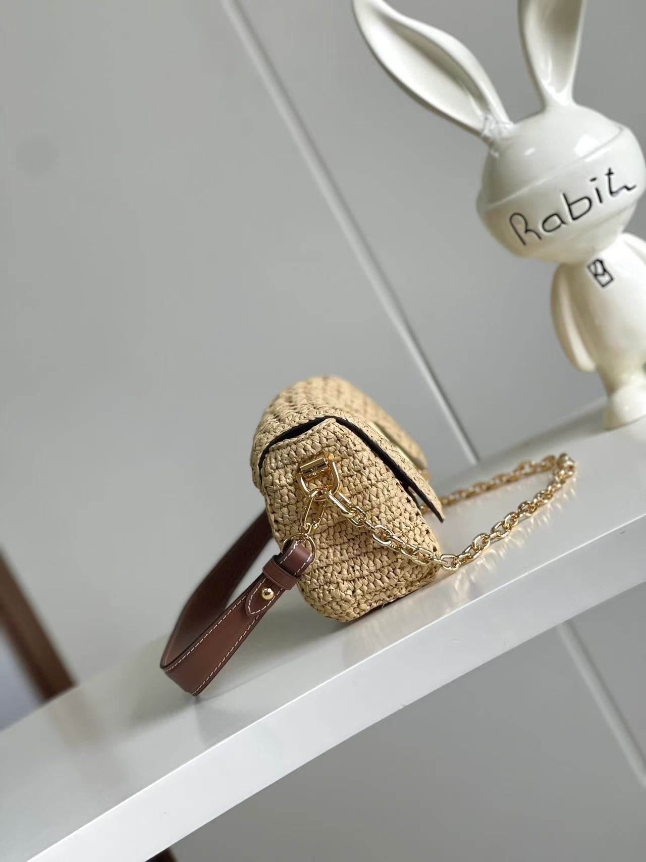 LOUIS VUITTON LV SHOULDER BAG 24 IN BEIGE WOVEN RAFFIA GOLD HARDWARE