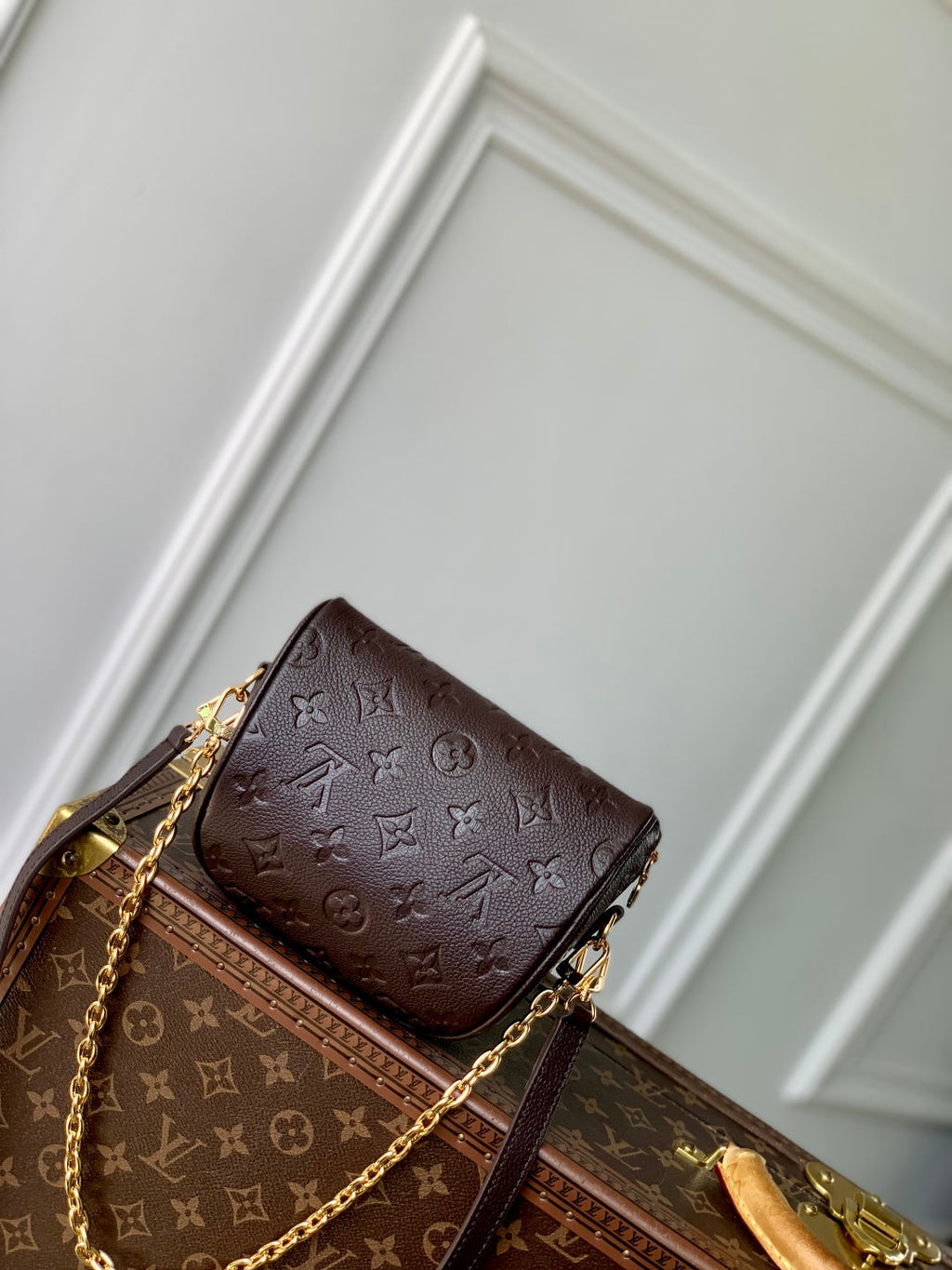 LOUIS VUITTON MINI BUMBAG 17 IN DARK BROWN MONOGRAM EMBOSSED LOGO CALFSKIN