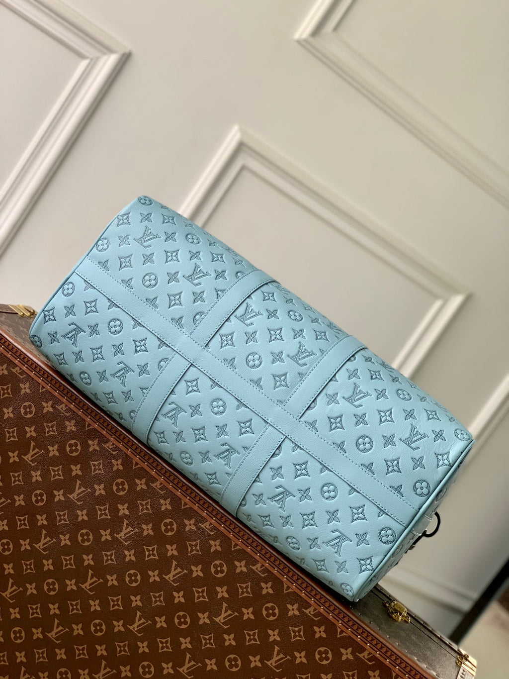 LOUIS VUITTON KEEPALL BANDOULIÈRE 50 IN SKY BLUE MONOGRAM SHADOW EMBOSSED CALFSKIN