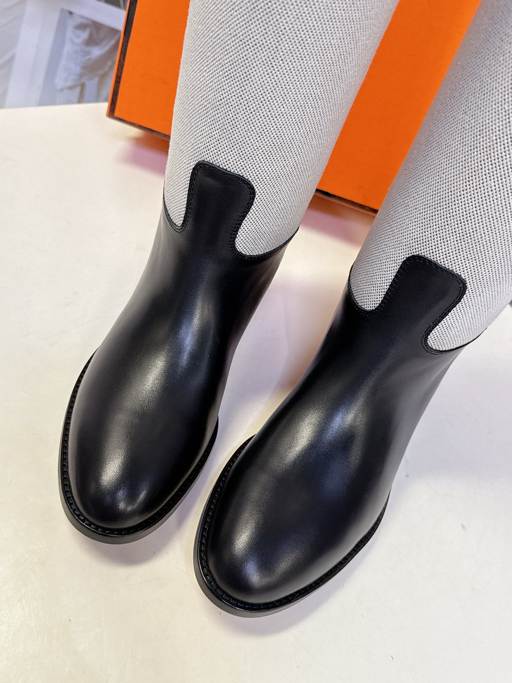 HERMES 25S JUMPING BOOT IN BLACK LAMBSKIN AND GREY CANVAS WITH SILVER HARDWARE