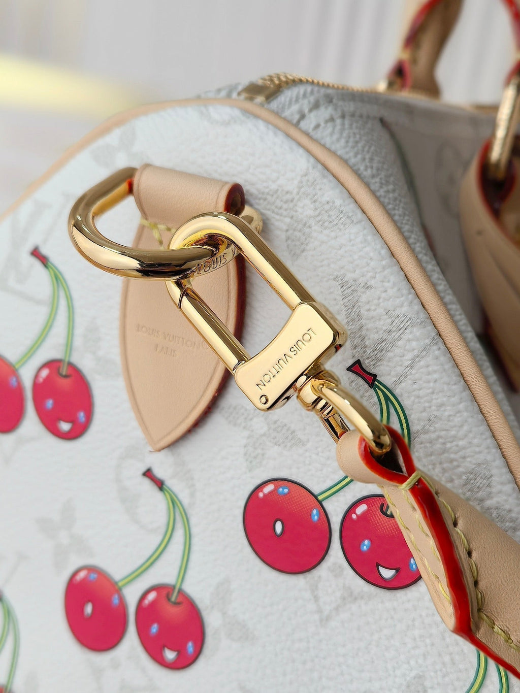 LOUIS VUITTON LV 25S SPEEDY SOFT 30 IN WHITE CANVAS MONOGRAM CHERRY PRINT GOLD HARDWARE
