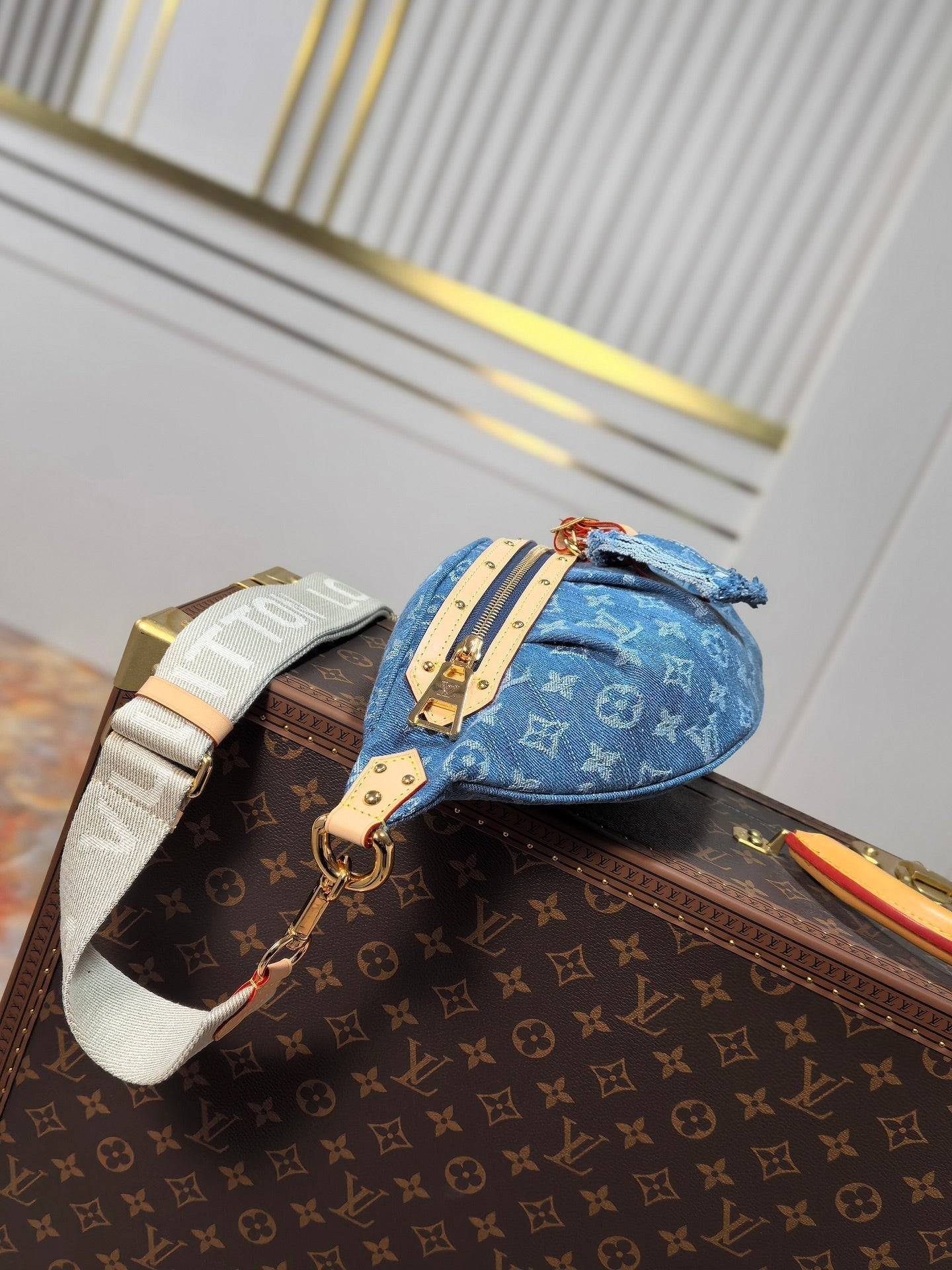 LOUIS VUITTON LV 25S BUMBAG 38 IN BLUE MONOGRAM DENIM LEATHER TRIM GOLD HARDWARE