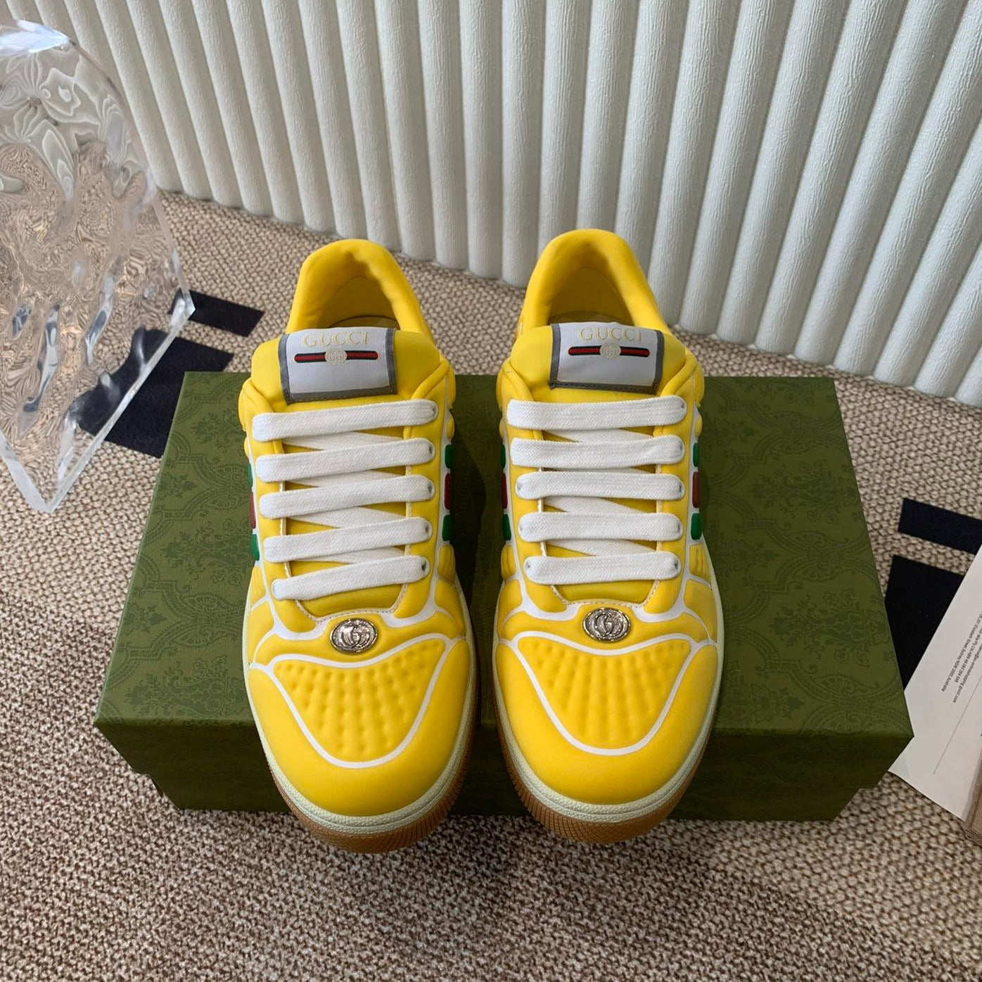 GUCCI SCREENER SNEAKER WITH WEB LEMON CALFSKIN