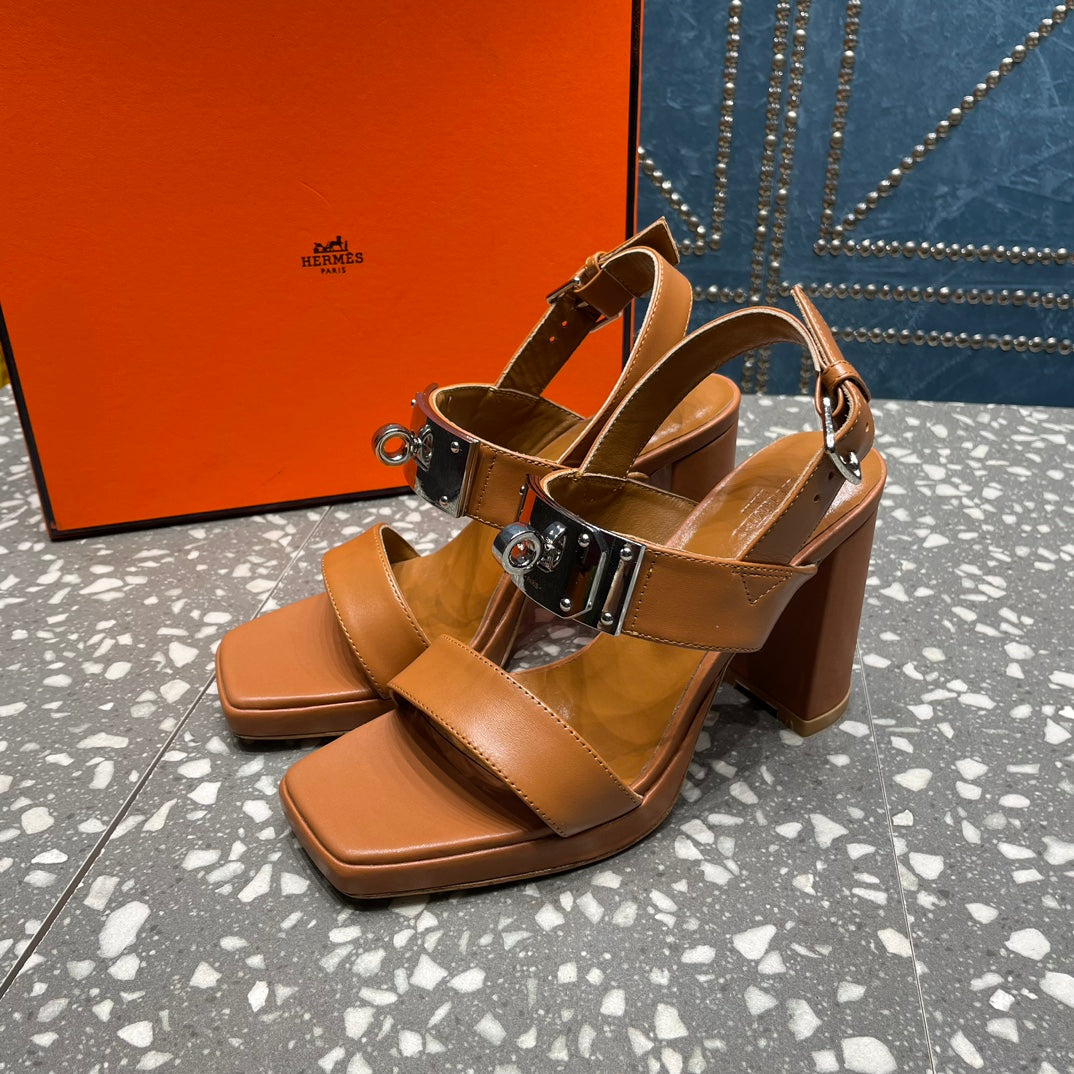 HERMES ILONA SANDAL 95 CARAMEL CALFSKIN