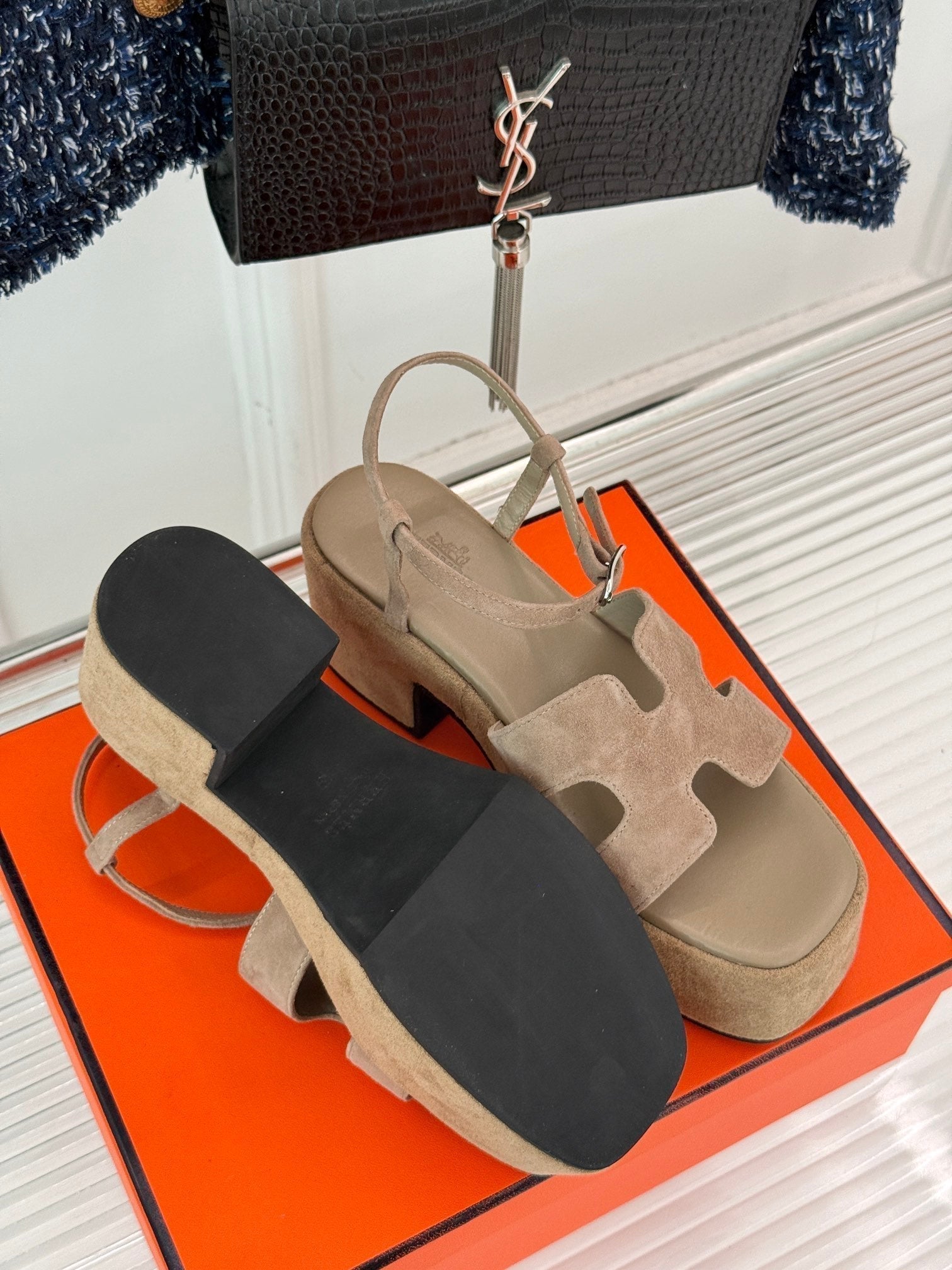 HERMES 25S JAM 30 HIGH-HEEL SANDAL IN TERRACOTTA BEIGE SUEDE