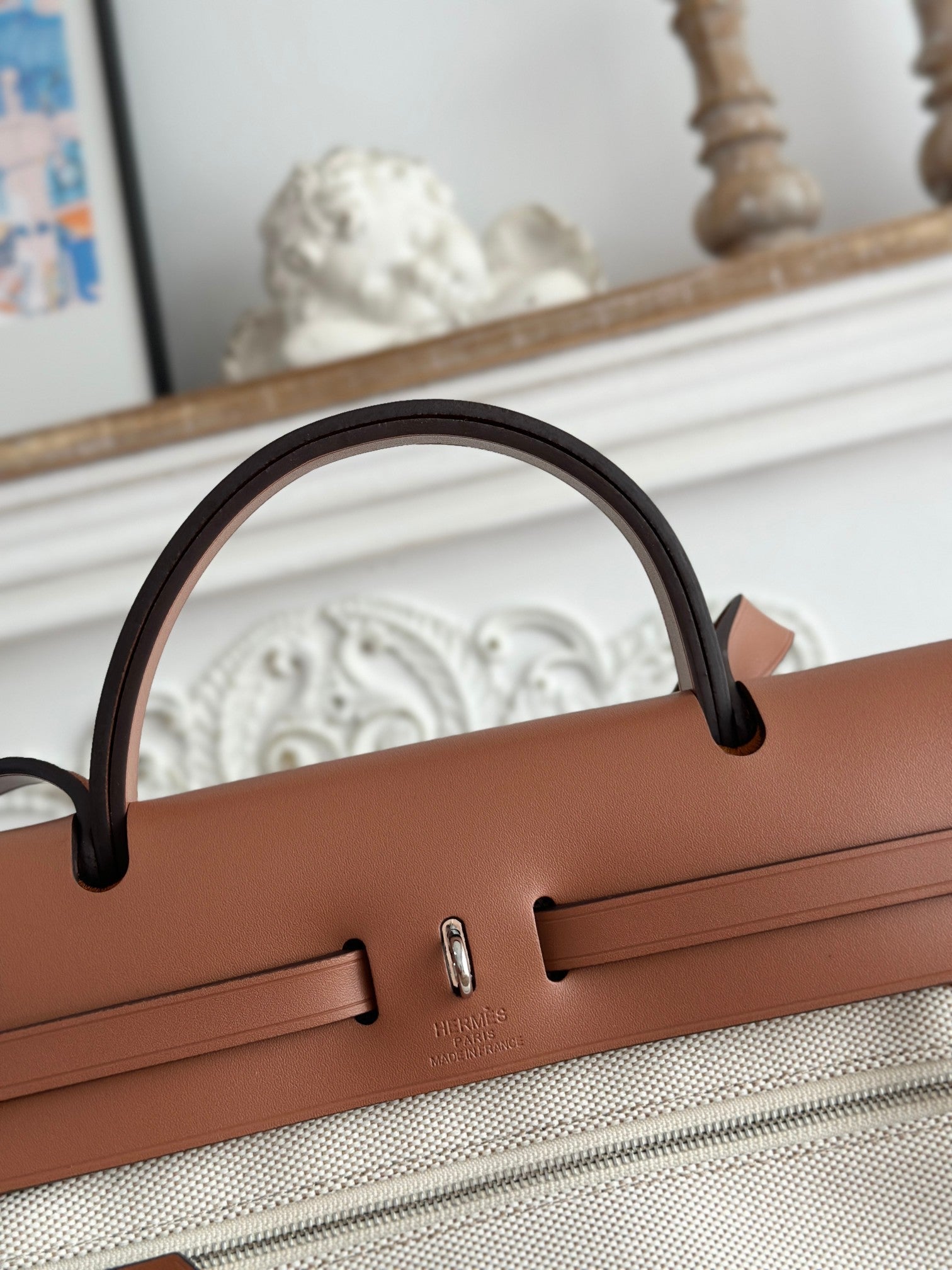 HERMES HERBAG ZIP 31 RETOURNE PEGASE POP BAG IN OFF-WHITE MIX RED CANVAS AND HUNTER COWHIDE