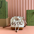 GUCCI SMALL DRAWSTRING SHOULDER BAG 21 IN WHITE CANVAS BROWN CALFSKIN