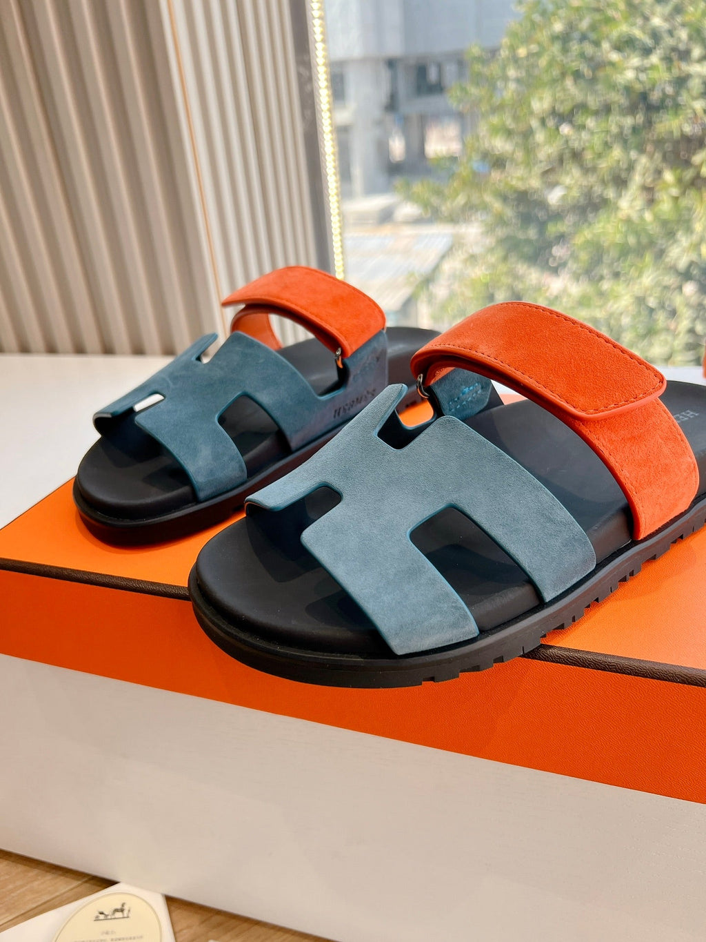 HERMES CHYPRE SANDAL IN TEAL GREEN MIX FIRE ORANGE SUEDE
