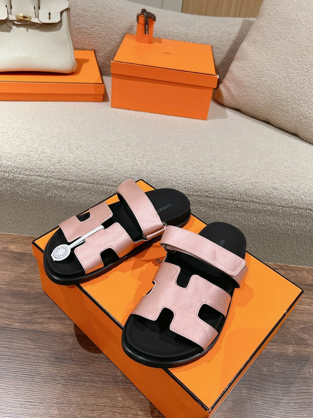 HERMES CHYPRE SANDAL BLACK MIX PASTEL PINK CALFSKIN
