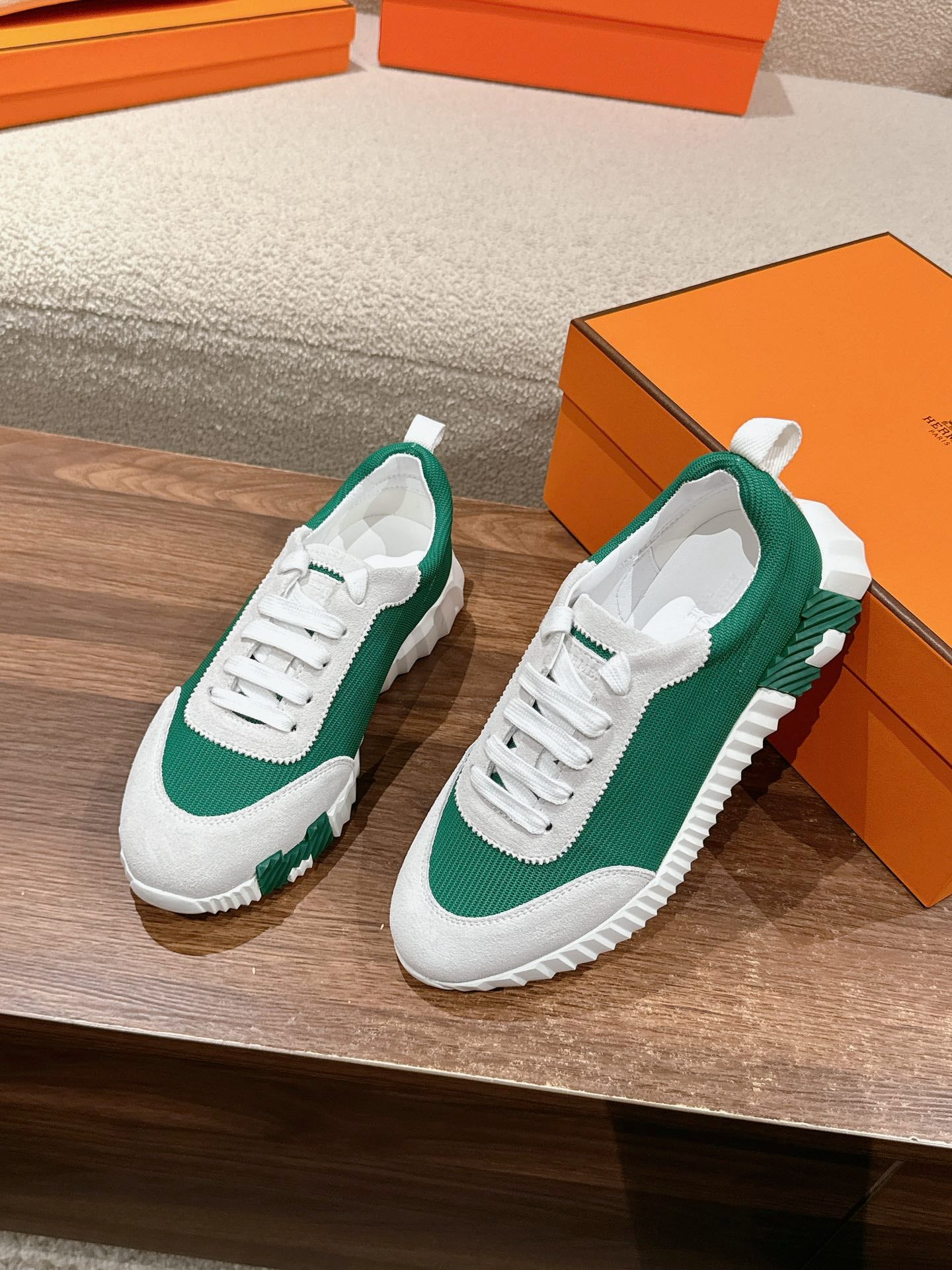 HERMES MAINLAND SNEAKER IN PALE GRAY SUEDE AND FOREST GREEN BREATHABLE MESH FABRIC