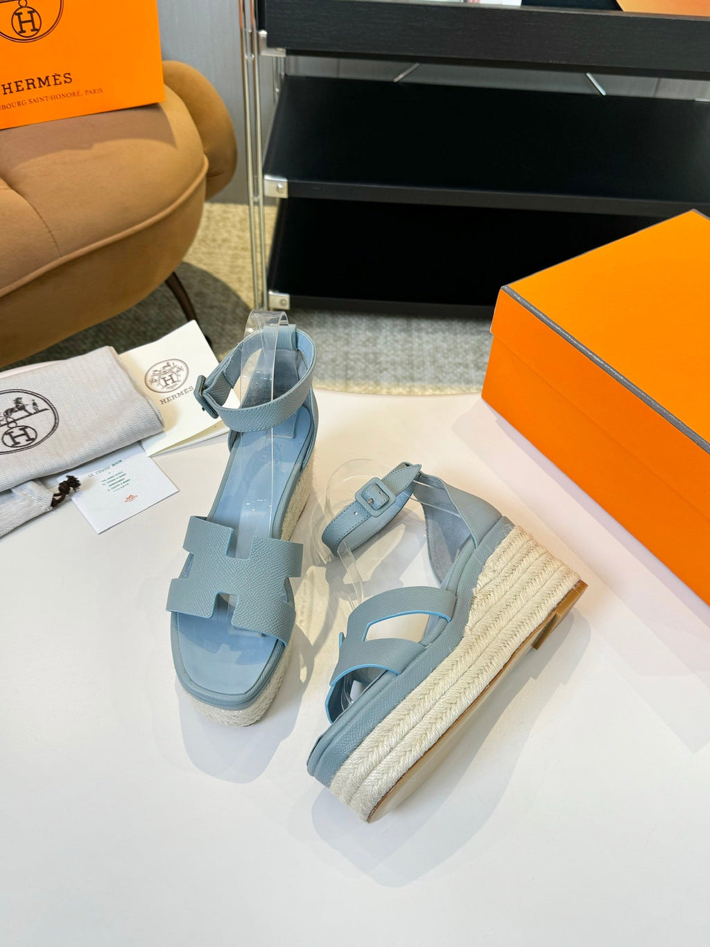 HERMES Elda espadrille 80 Baby Blue Epsom Calfskin