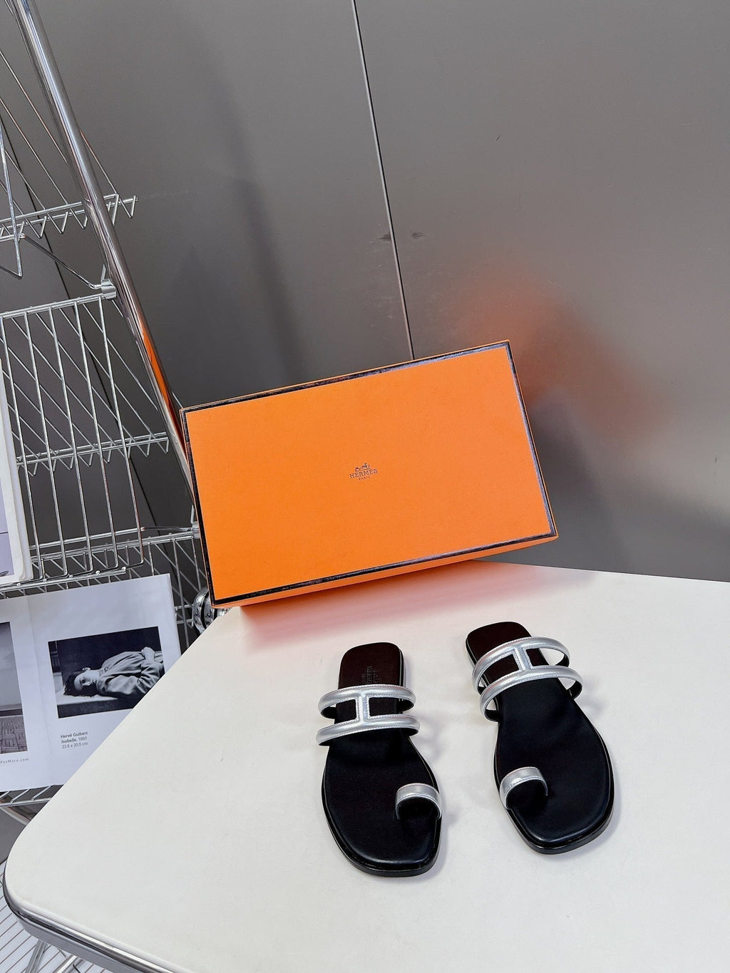 HERMES Georgia Sandals Silver Black Calfskin